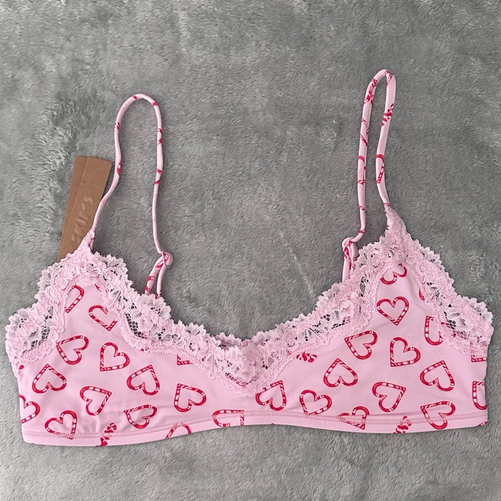 SKIMS Pink Bralette with Red Heart Print and Lace Trim